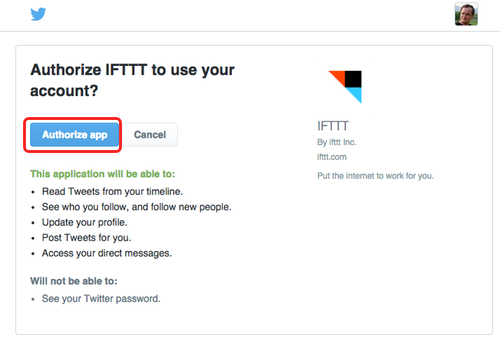 ifttt - twitter authorize